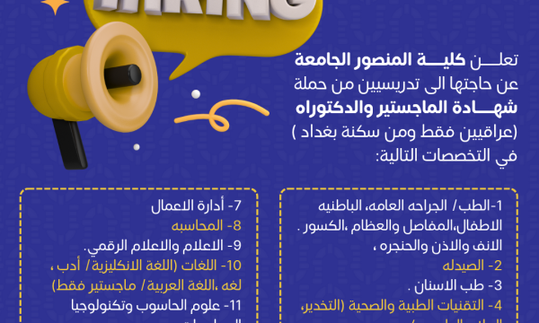 كلية المنصور الجامعة  تدعو للانضمام إلى نخبها الاكاديمية
